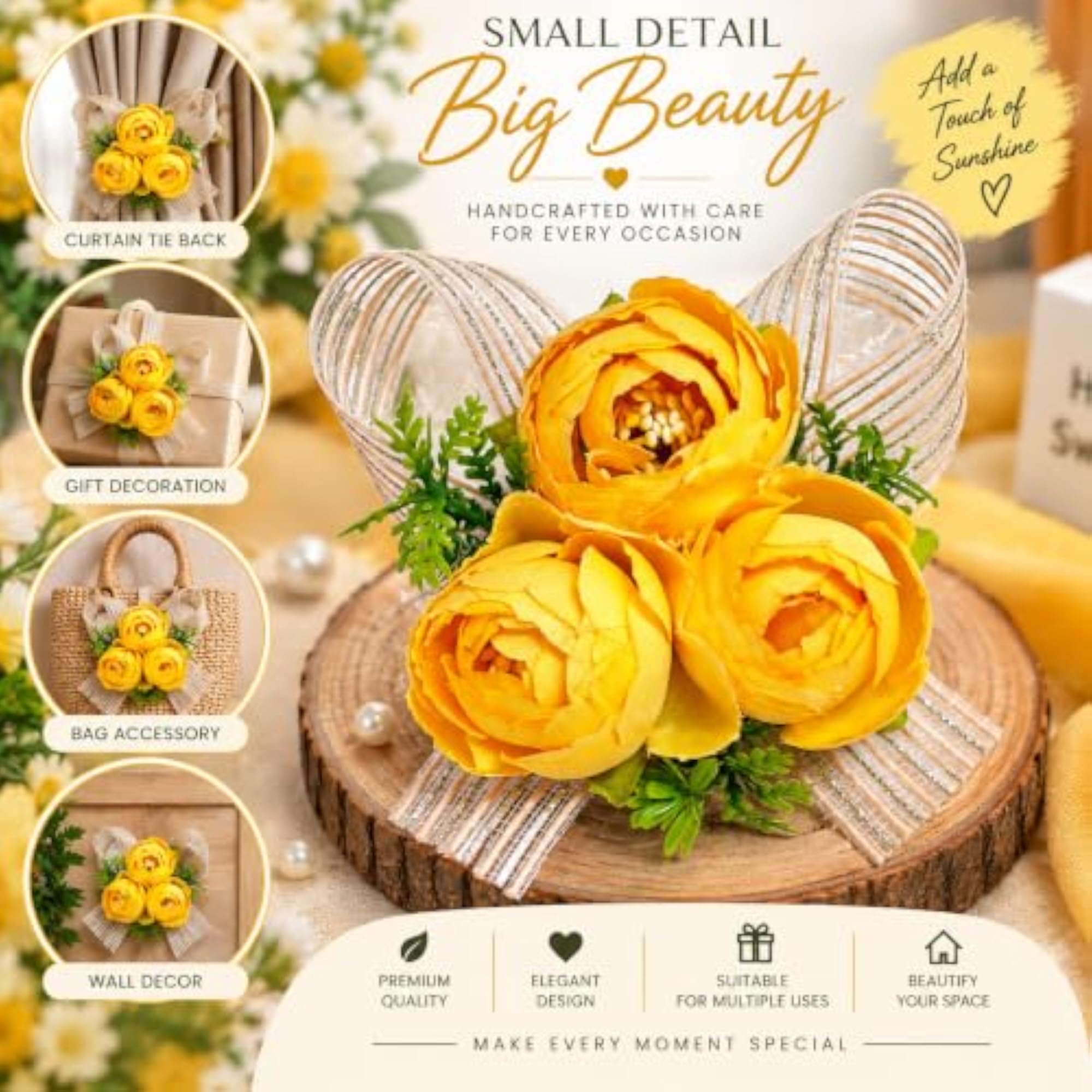 Artificial 3 Peonies Flower Bunch with Decorative Ribbon, Gift Packing