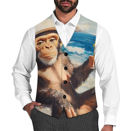 Hawaii Monkey Beach Cocktail Men's Formal Suit Vest for Business Formal Or Casual Dress Waistcoat Wedding