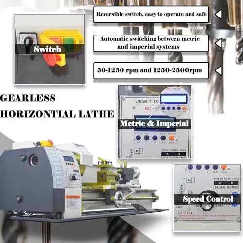EQCOTWEA Metal Lathe 8"X39" Benchtop Lathe Machine Precision Hobby DIY Table Lathe Metal Working Lathe Electronic Gearless Horizontal Wood Lathe 1100W Brushless 50-2500rpm Imperial/Metric RC-210E 110V - Image 4