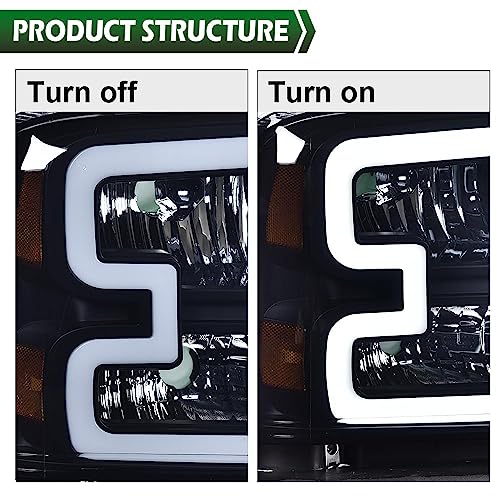Image of GRAND ORANGE [LED DRL BAR Headlights Assembly Compatible with 2005-2007 Ford F250 F350 F450 F550 Super Duty / 05 Ford Excursion Smoke Black Amber