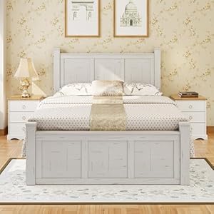 Farmhouse style wood panel bed frame four square poster bed with three storage drawersqueen ancient white  urban country home decor