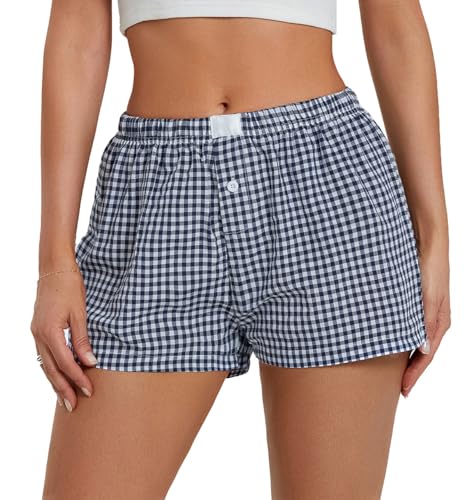 Image of Y2k Plaid Shorts Cute Baggy Ginghem Boxer Shorts for Women Checked Lounge Pajama Bottom Preppy Sleep Pj Shorts