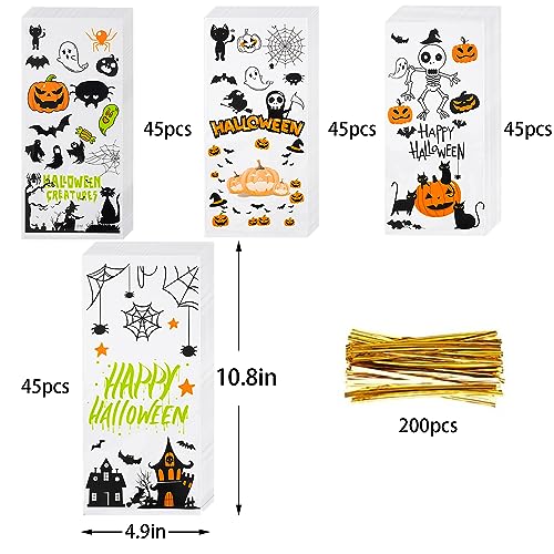 ONFAON Halloween Cellophane Treat Bags, 180pcs Halloween Trick or Treat Goody Gags with 200pcs Twists for Snacks Cookies Packing, Goodie Bags Party Supplies (10.8 * 4.9in)3