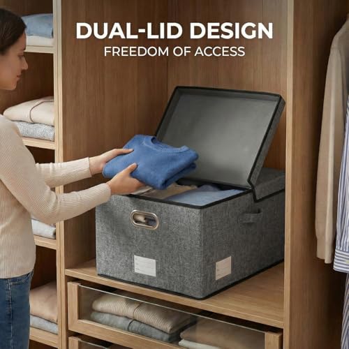 Image of PRANDOM Storage Bins with Lids [3-Pack] Linen Fabric Foldable Storage Boxes Organizer Containers Baskets Cube with Cover for Bedroom Closet Office Grey(23.4X15.9X11.4)