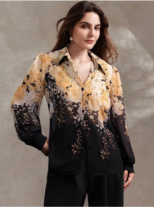 Image of Women Shirt || Women Top ||Autumn Leaves Print Polo Collar Shirt, Casual Long Sleeve (S-22-25)