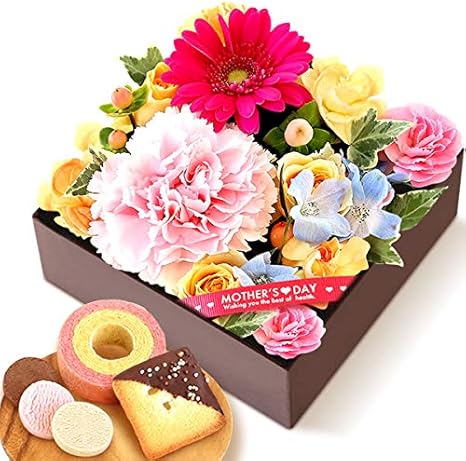 Amazon 母の日 の プレゼント カーネーション バラ おいもやケーキ洋菓子 花とスイーツ アレンジメント生花 母の日ギフト 二段重箱 ミックスカラー フラワーアレンジメント オンライン通販