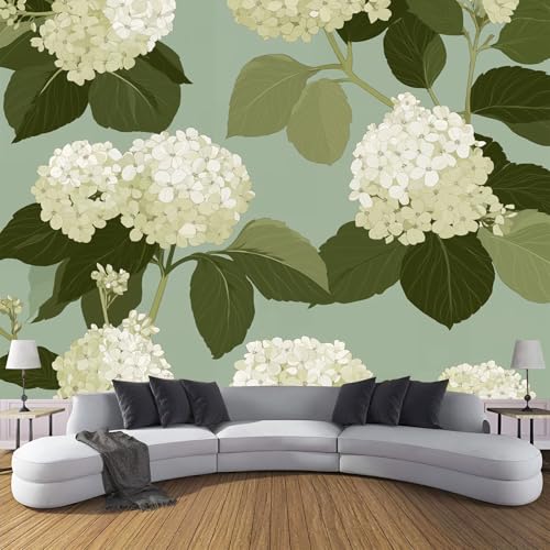 CDXNORA 3D Plants and Flowers Wallpaper Murals,Sage Green Wall Murals, Hydrangea Wallpaper for Bedroom Living Room Decor 300x210cm Artwork Background Wall Stickers (Not Self-Adhesive)