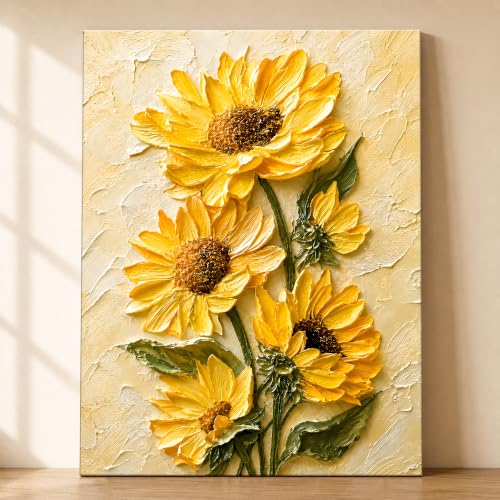 Image of PAINTINGMANTRA Textured Embossed Floral Canvas Wall Art Painting for wall decoration, Vibrant Yellow Sunflower Motifs Stretched Canvas Painting for living room, bedroom, office and Home, 16x22 Inch
