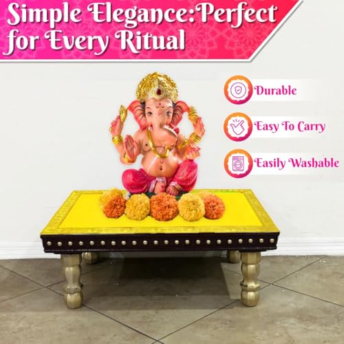 Image of Bhakti Lehar (9 x 13 Inch) Plain Yellow Velvet Pooja Aasan for God Idol /Chowki Aasan Kapda Cloth for Temple Shelf Home Mandir, Ganesh Baithak and God Idol Sitting - Pack of 2