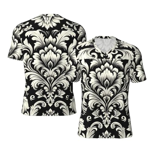 Stylish Athletic Sports Jersey Damask-Black-White-Pattern Men's Rugby Jersey X-Large