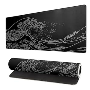 Japanese Sea Wave Large Mouse Pad, Anime Black Gaming, Extended Kanagawa Mat Desk Pad, 3mm Thick Long Non-Slip Rubber Base Mice Pad, 31.5 X 11.8 Inch