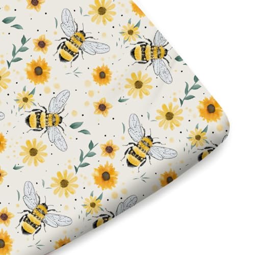 Image of Watercolor Bees Boho Sunflowers Leaves Baby Crib Sheets for Boy and Girl 52 inchx28 inch Bees Retro Floral Crib Mattress Sheet Soft Breathable Baby Bed Sheets for Standard Crib and Toddler Mattresses