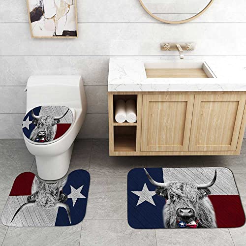 Jayden Madge 4Pcs/Set Highland Cow Shower Curtain, Black And White Funny Farm Animal Vintage Lone Star Texas State Flag Western Country Farmhouse Bathroom Decor Non-Slip Bath Rugs, Cattle With Bow Tie #TOP4