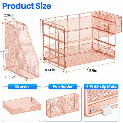 Image of OPNICE Desk Organizers and Accessories, 4-Tier Desktop File Organizer with Drawer and Pen Holders, Office Desk Accessories Workspace Organizers for Office Supplies (Rose Gold)