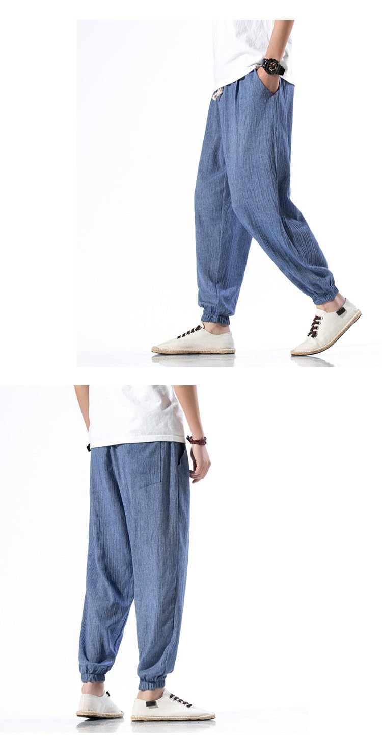 Stile Cinese Pantaloni in Lino Uomo, con Polsini Casual Estate Pantaloni da Spiaggia