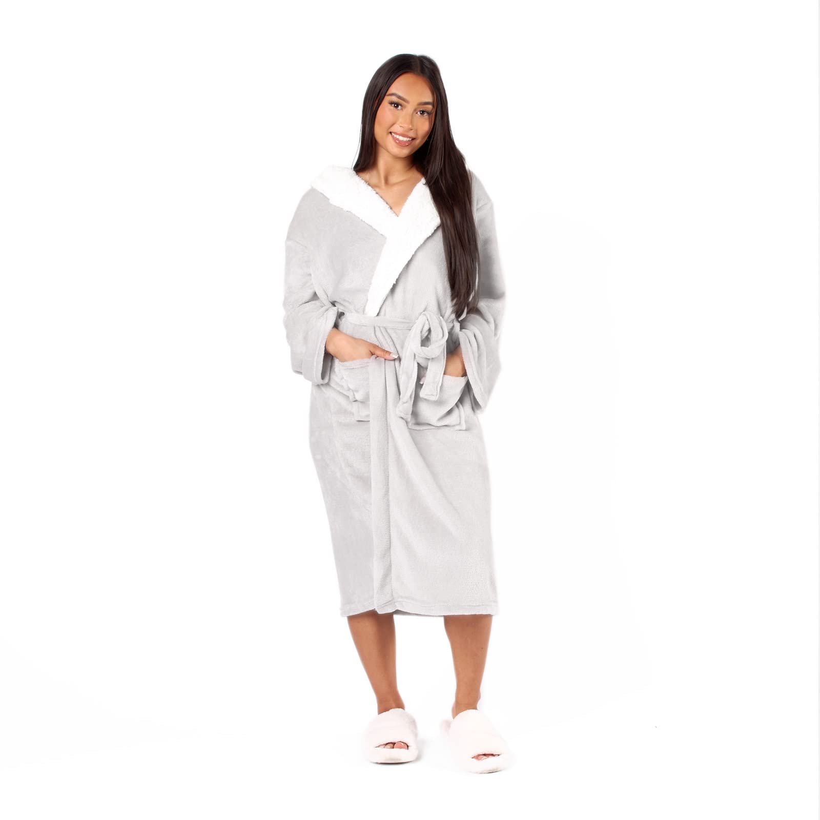 Sienna Women's Silver Grey Fleece Robes For With Hood Sherpa Lined Warm Soft Plush Long Spa Hotel Lightweight Bathrobe Sleepwear Men Adults