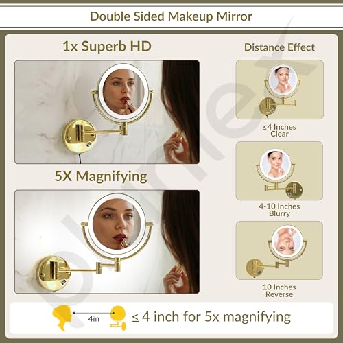 Image of Plantex Brass and 304 Stainless-Steel Magnifying Mirror with LED /Wall Mount Makeup Mirror with Light /Zoom Mirror- 5x /1x Magnification (8 Inch-Gold)
