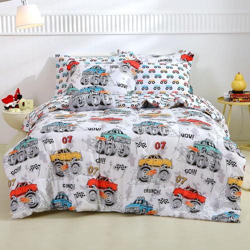 Mooreeke Twin Size Comforter Sets for Boys Kids 6 Pieces Bed in a Bag Monster Truck Bedding Comforter Sheet Set with Shams and Decorative Toy Pillow Ultral Soft Microfiber Kids Bed Set