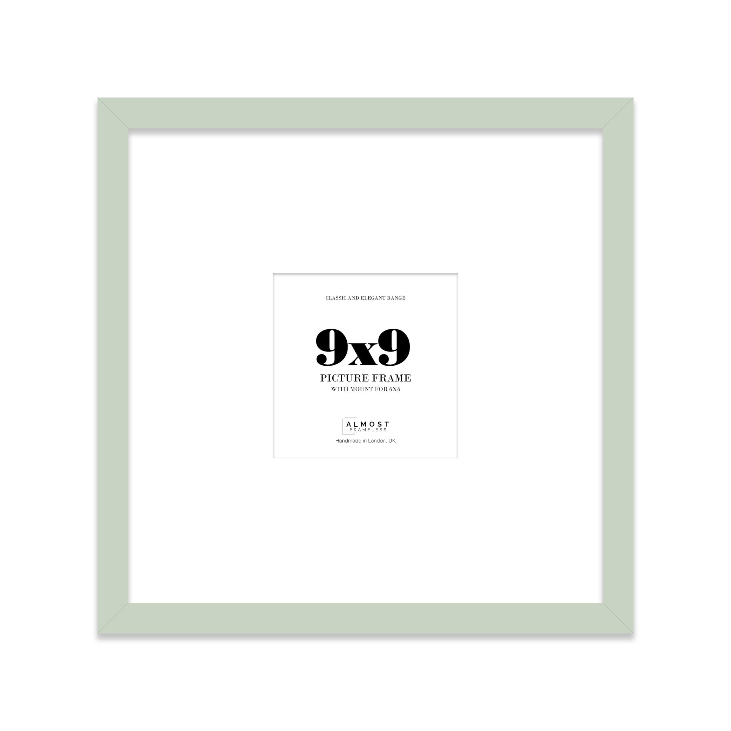 Almost Frameless 9x9 Square Picture Frame, Display Pictures 6x6 With Mat or 9x9 Without Mat, Wall Hanging & Free Standing Photo Frame, Mint Green, 1 Pack