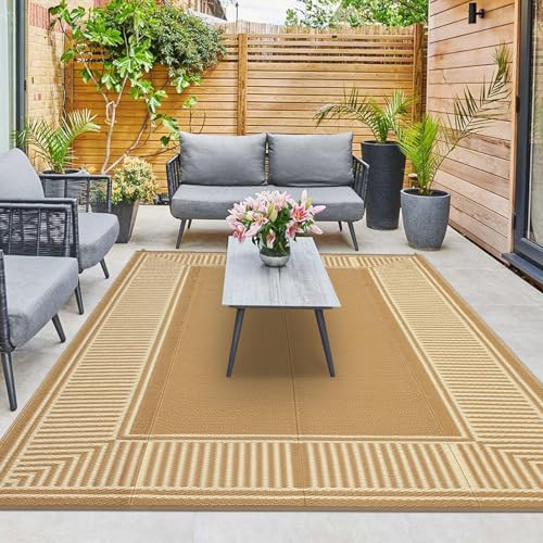 MilleLoom 10x20 Large Outdoor Patio Rug Modern Striped Plastic Straw Outdoor Rugs Waterproof Foldable UV Resistant Camping Reversible Mats for Deck Camper Balcony Beach RvLight Brown/Coffee