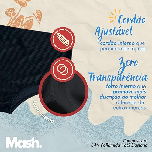MASH Sunga Masculina Texturizada Lateral Larga Praia Cordão Ajustável Secagem Rápida Zero Transparên
