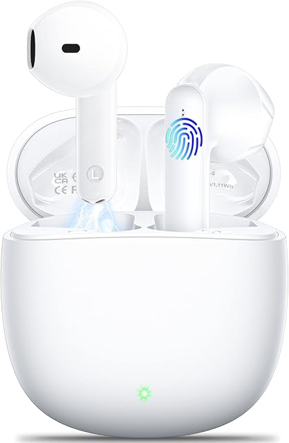 Wireless Earbuds,Bluetooth 5.3 Headphones Wireless Headphones with 4 Noise Cancelling Mic Bluetooth Earbuds HiFi Stereo Sound Touch Control Mini Ultra Light Bluetooth Earphones for Android/ios White