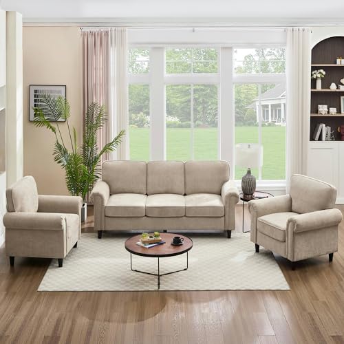 Image of Kingfun 3 Seater Couch, Mid Century Modern Sofa Set with Rolled Arms and Deep Seats, Fluffy Comfort for Living Room, Apartment, Easy Assembly, Khaki