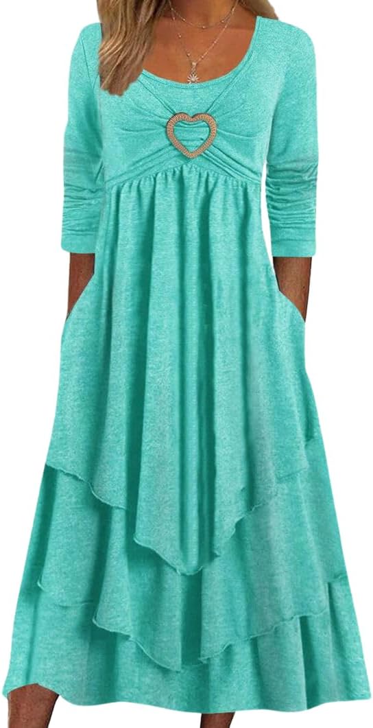 Womens Long Sleeve Midi Dresses Casual Crew Neck Flowy Spring Attend Wedding Tiered Dress with Pockets