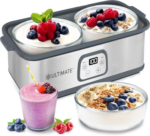 Ultimate Probiotic Yogurt Maker with Adjustable Time & Temp Control - Make Trillions of Live Probiotics with Two 1-Quart Containers for Larger Batches - Greek Yogurt Maker - ULTIMATE LIFETIME WARRANTY