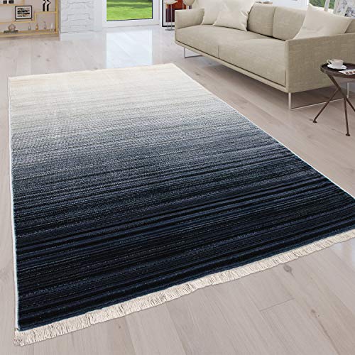Paco Home Teppich Wohnzimmer Kurzflor Fransen Moderne Streifen Optik Mit Farbverlauf, Grösse:80x150 cm, Farbe:Grau