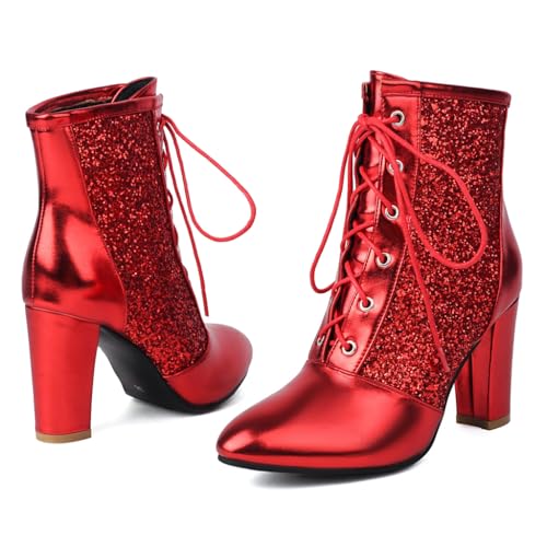 Women's Chunky Block High Heel Ankle Boots Round Toe Glitter Sequins Lace Up Winter Dressy Short Bootie2