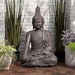 John Timberland Large Tall Sitting Buddha Statue Sculpture Zen Asian Japanese Garden Decor Indoor Outdoor Front Porch Patio Yard Outside Home Balcony House Lawn Stone Gray Finish Resin 42" High