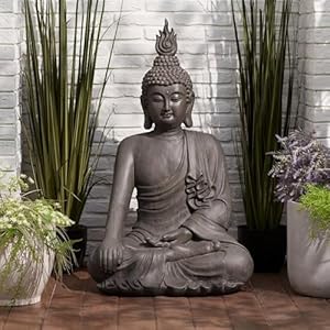 John Timberland Large Tall Sitting Buddha Statue Sculpture Zen Asian Japanese Garden Decor Indoor Outdoor Front Porch Patio Yard Outside Home Balcony House Lawn Stone Gray Finish Resin 42″ High