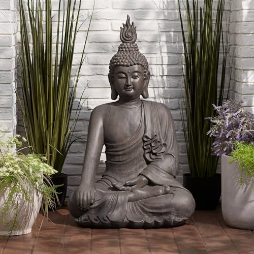 John Timberland Large Tall Sitting Buddha Statue Sculpture Zen Asian Japanese Garden Decor Indoor Outdoor Front Porch Patio Yard Outside Home Balcony House Lawn Stone Gray Finish Resin 42″ High