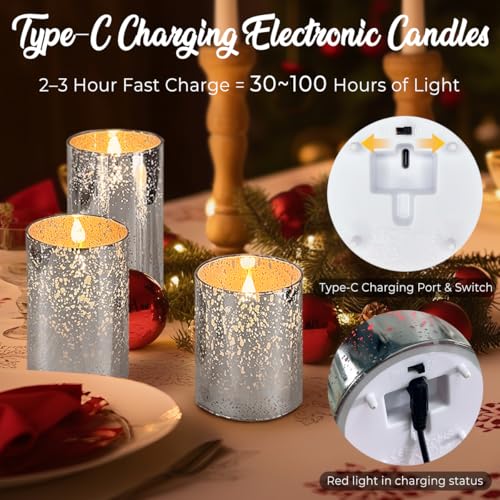 Image of LEDHOLYT Rechargeable Flameless Candle, Flickering LED Pillar Glass Fake Candle with Remote and Timer, Built-in Battery Real Wax Electronic Candle for Room Decoration, Set of 3
