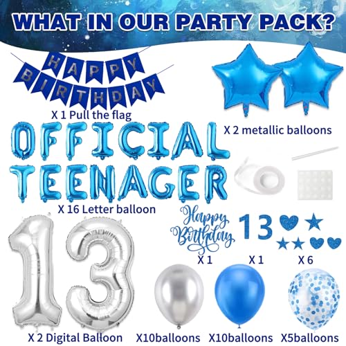Image of 13th Birthday Decorations for Boys, Blue Sliver Happy Birthday Banner, OFFICIAL TEENAGER Numbers 13 Foil Balloon and Cake Topper for 13 Birthday Boy Decorations
