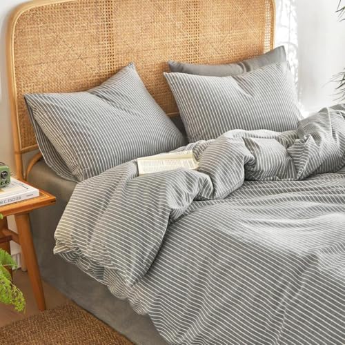 Wake In Cloud - Striped Quilt Cover Set, 100% Washed Cotton Doona Duvet Cover, Ticking Stripes Pinstripe Pattern Bedding, 3 Pieces, Grey, Queen Size