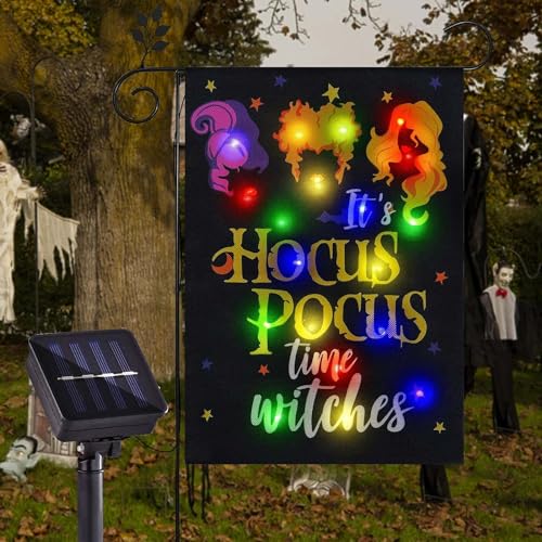 Solar Lighted Halloween Garden Flag It's Hocus Pocus Time Witches Flags for Garden Patio Lawn Outside Halloween Decorations Garden Decor