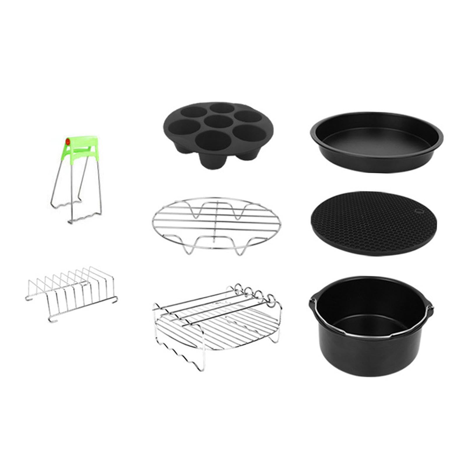 Set di 8 accessori per friggitrice ad, include una varietà di | forno, tra cui cestini per torte, pirottini per muffin, teglie per pizza, stampi per grigliate, utensili per cucinare.