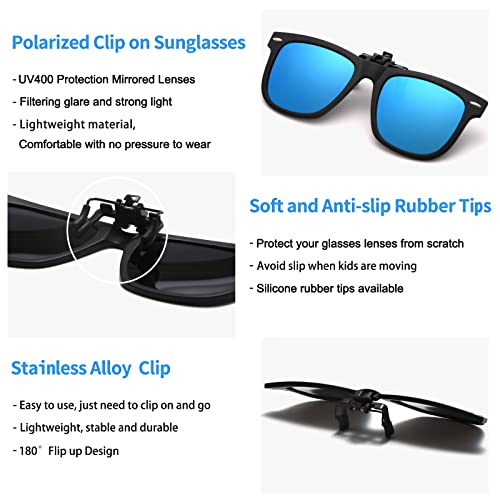 Kids Clip-On Polarised Sunglasses - UV Protection Flip Up for Boys & Girls, Blue (Mirrored Coating), S-M - Image 3