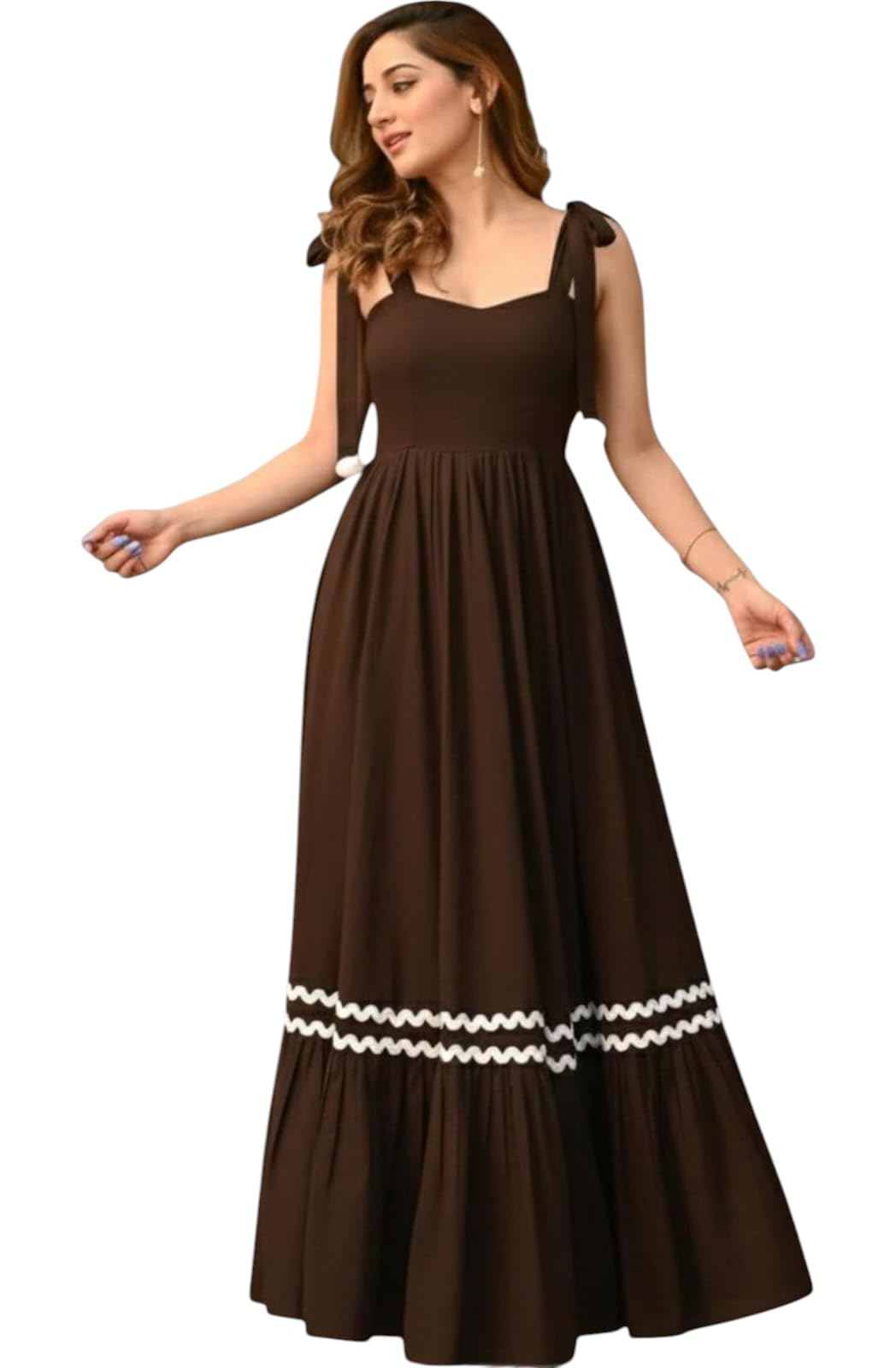 Women's Brown Maxi Dress with Shoulder Ribbon Tie-Up, Sleeveless Square Neckline Fit and Flare Long Gown, Casual Beach Western Dress Colour Brown Size S-image-41