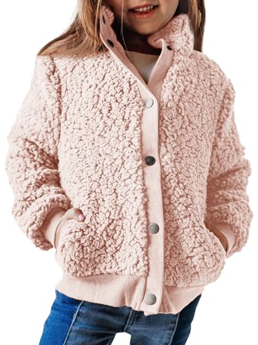 Haloumoning Jacke Mädchen Langarm Sherpa Teddy Fleece Mantel Kinder Warme Jacke mit Taschen Knöpfe,Rosa,11-12Jahre