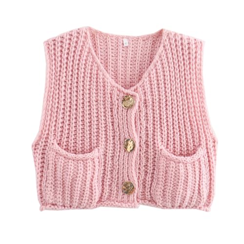 Image of Women's Sleeveless Chunky Knit Cardigan V-Neck Button Down Vest Casual Loose-Fitted Crochet Sweater with Pockets 2024