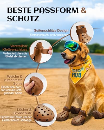 Hundeschuhe Pfotenschutz Outdoor – Hundeschuhe Wasserdicht, einfach an- und auszuziehen, atmungsaktiv, rutschfest, leicht zu reinigende Hundestiefel für Sommer Hitze und Winter Schnee (braun, S)
