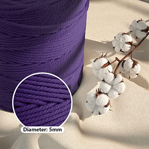 Image of ZUEXT Macrame Cord, Dark Violet, 5mm x 328yds Cotton String Macrame Yarn | Natural Handmade, 4 Strands Twisted Cotton Rope, for Craft Wall Hanging Weaving Tapestry Dream Catchers Hanger DIY Gift, 300m