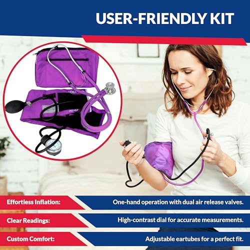 Image of Blood Pressure Monitor and Sprague Stethoscope Kit - 2-Pack, Adult Aneroid Sphygmomanometer with Dual-Head Stethoscope, Adjustable BP Cuff, Carrying Case & Accessories - Purple