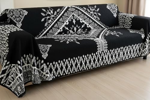 Image of The Furnishing Tree Reversible Double Sided Chenille Throw Sofa Cover, Anti-Slip Couch Cover, Comfy Sofa Towel for All Seasons, 3 Seater, Bohemian-style geometric and floral black & cream