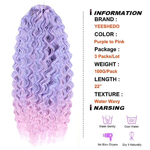 YEESHEDO 3 Packs 22" Ocean Wave Crochet Hair Twist Deep Wave Curly Braiding Extension Kanekalon Synthetic Wavy Braid Hair for Women (Purple to Pink) - Image 4
