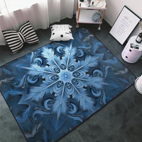 Tapis Noël bleu flocon de neige grand format velours fin résistant