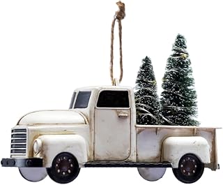 The Bride Collection Vintage Style Pickup Truck Ornament with Sisal Trees - Rustic 4WD White Truck with Christmas Trees Ornament - Old School Big Block Half Ton Pick Up with 2 Snowy Evergreen Conifers